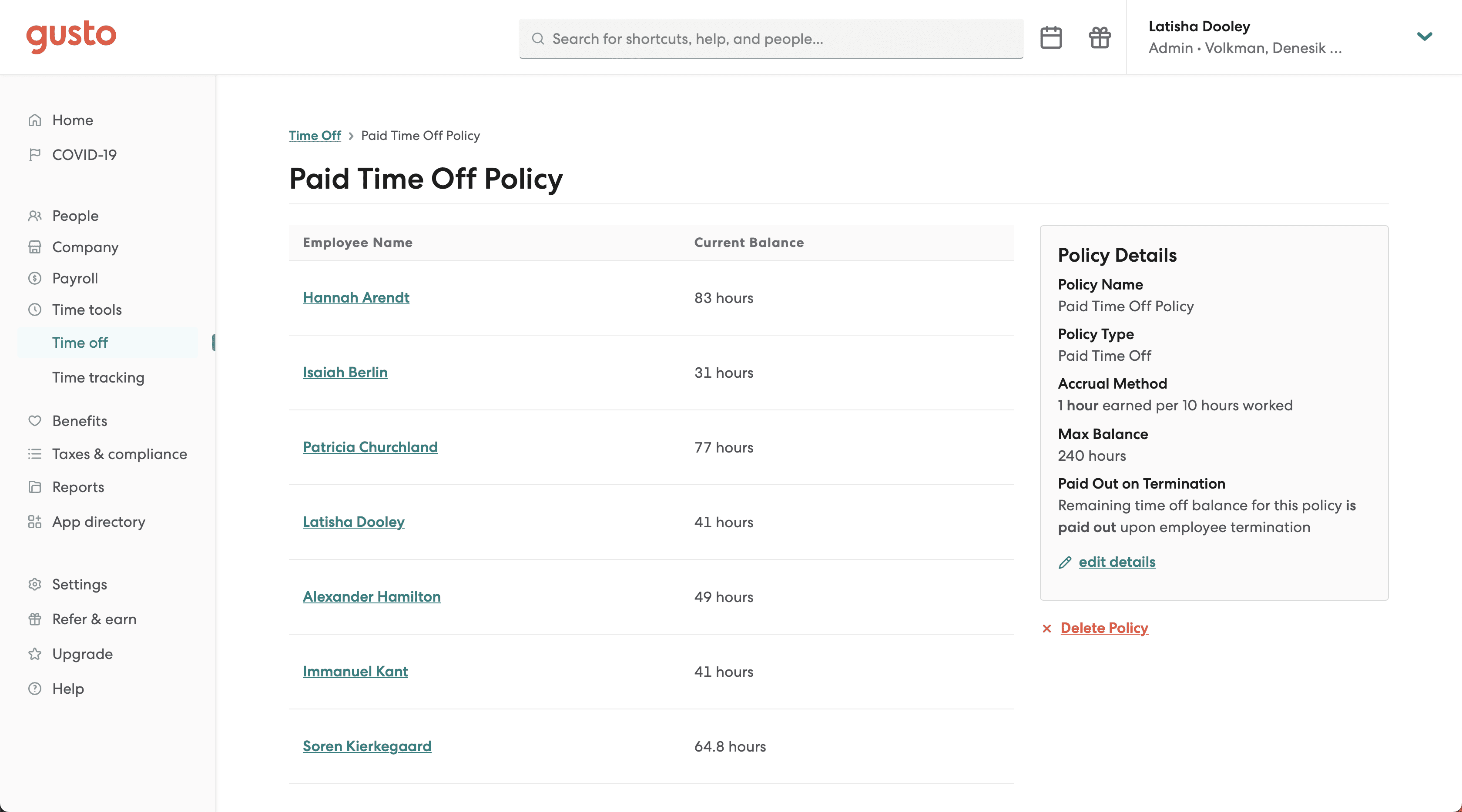 gusto payroll paid time off management